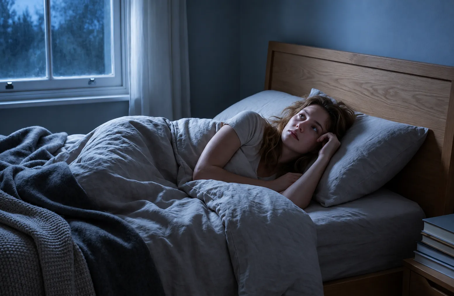 Woman lying awake in bed at night in a dim bedroom, unable to sleep